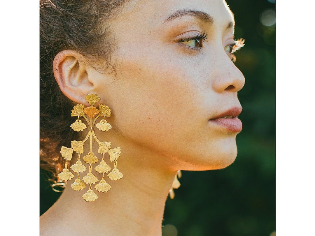 Brass Drop Earrings with Mimosa Blossoms