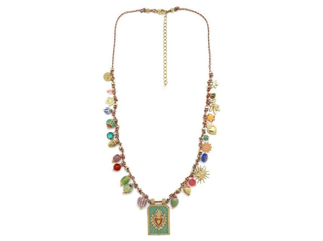 Colorful Multi Charm Necklace with Flaming Heart Charm