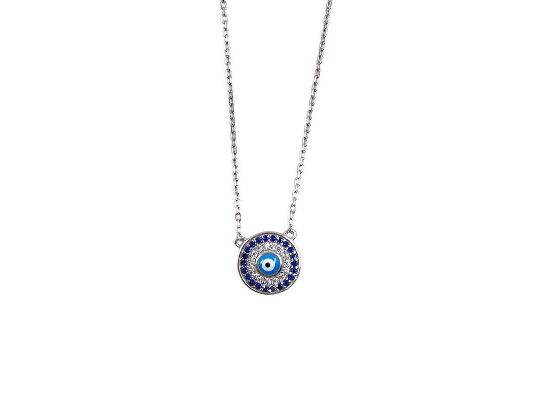Silver Evil Eye Necklace with Navy CZs