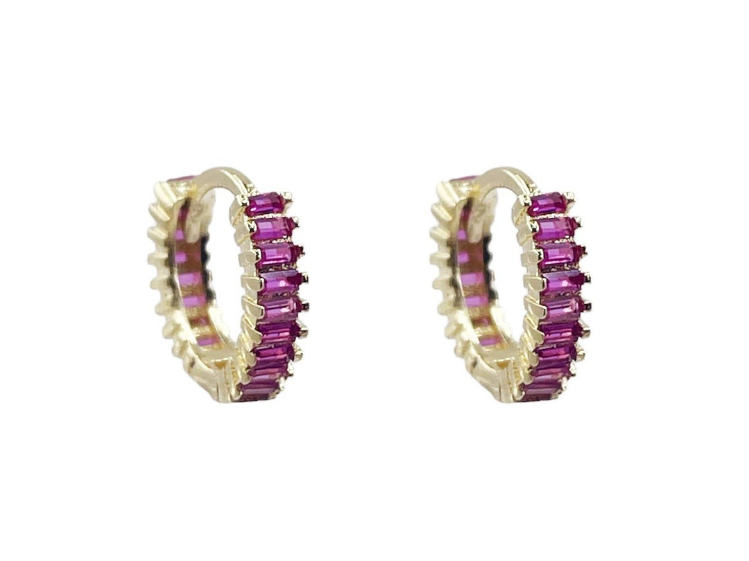 Pink Baguette CZ Huggie Hoops