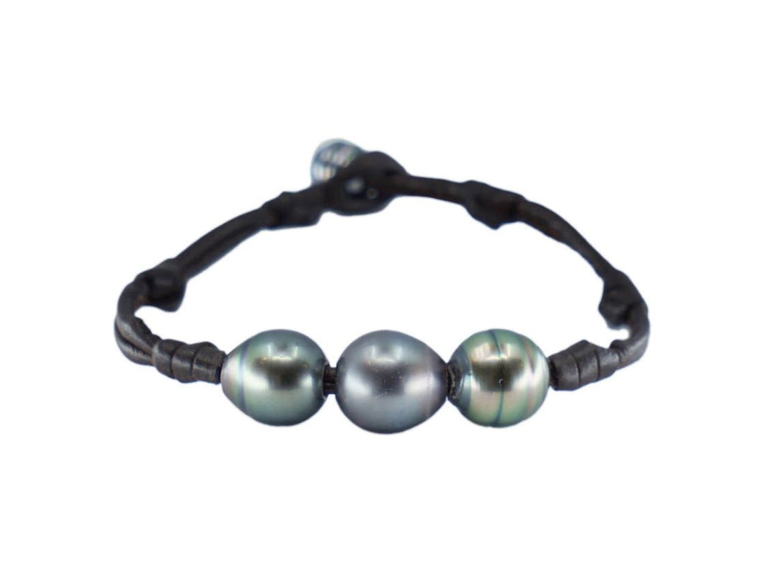 Knotted Brown Leather Bracelet with 3 Gray Tahitian Pearls