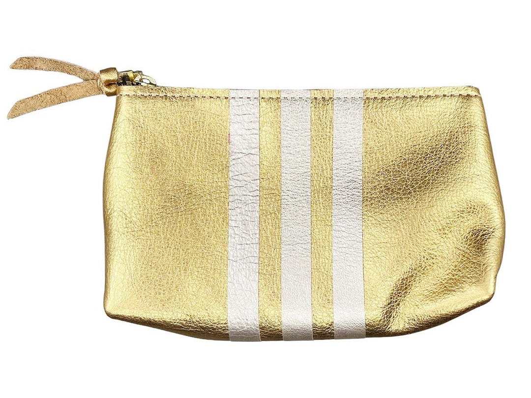 Small Gold Metallic Leather Makeup Clutch with 3 Platinum Stripes