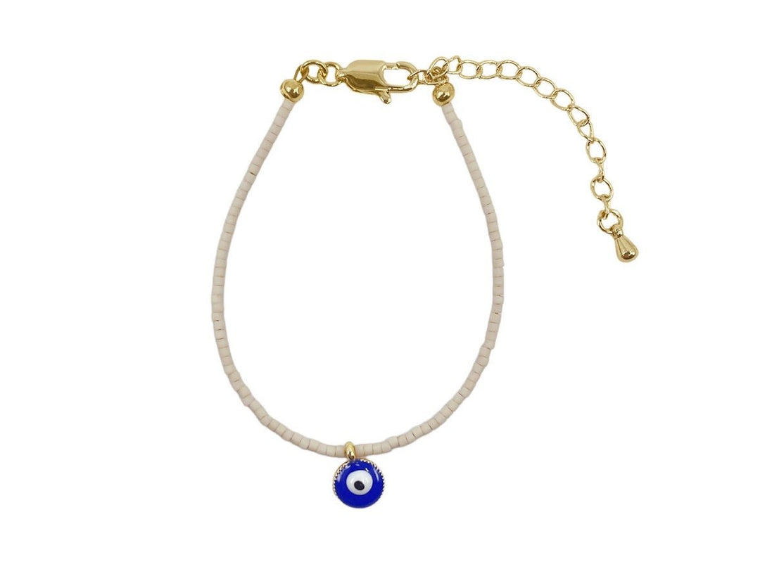 Cream Seed Bead Bracelet with Evil Eye