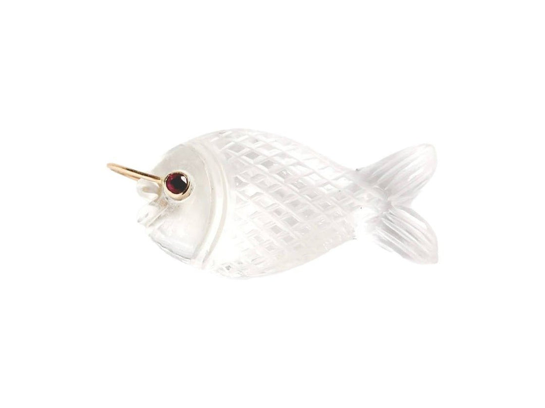 14k Handcrafted Clear Quartz Fish Charm with Tourmaline Eye