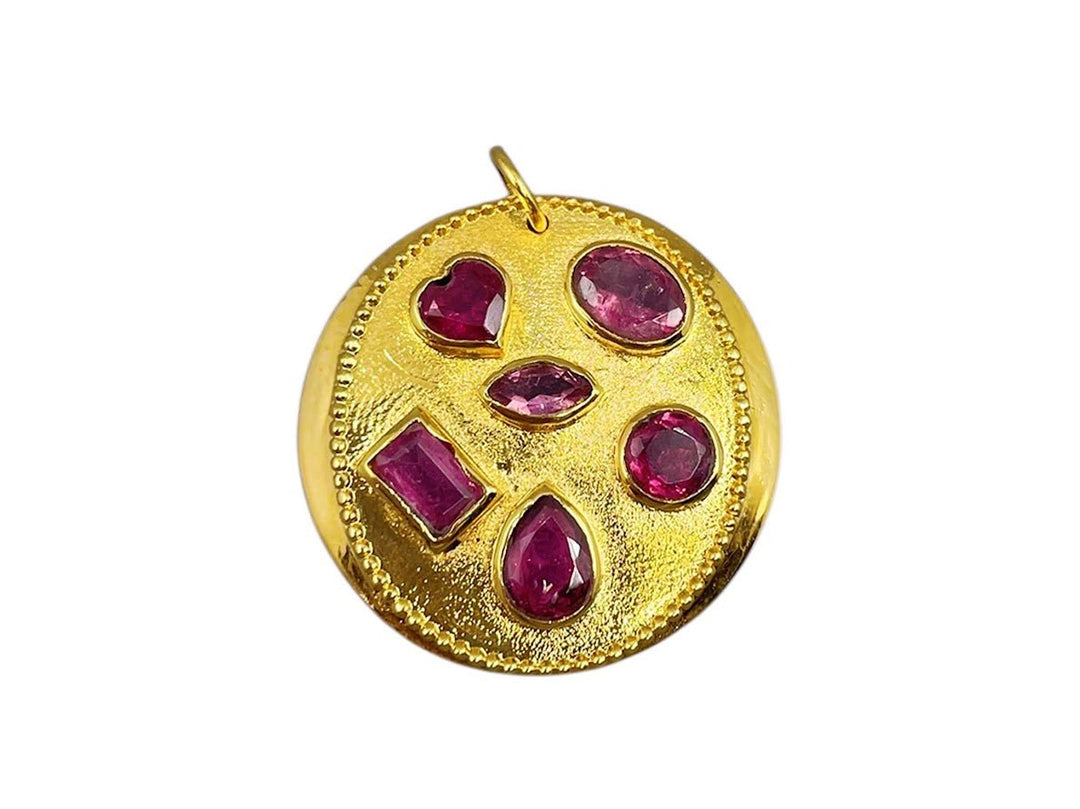 Gold Disc Charm with 6 Pink Tourmaline Stones