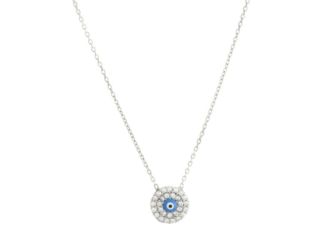 Silver Round Evil Eye Necklace with CZs