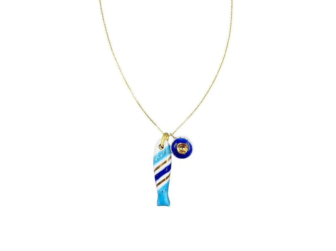 Handpainted Italian Porcelain Turquoise, Navy, and Gold Striped Fish Charm