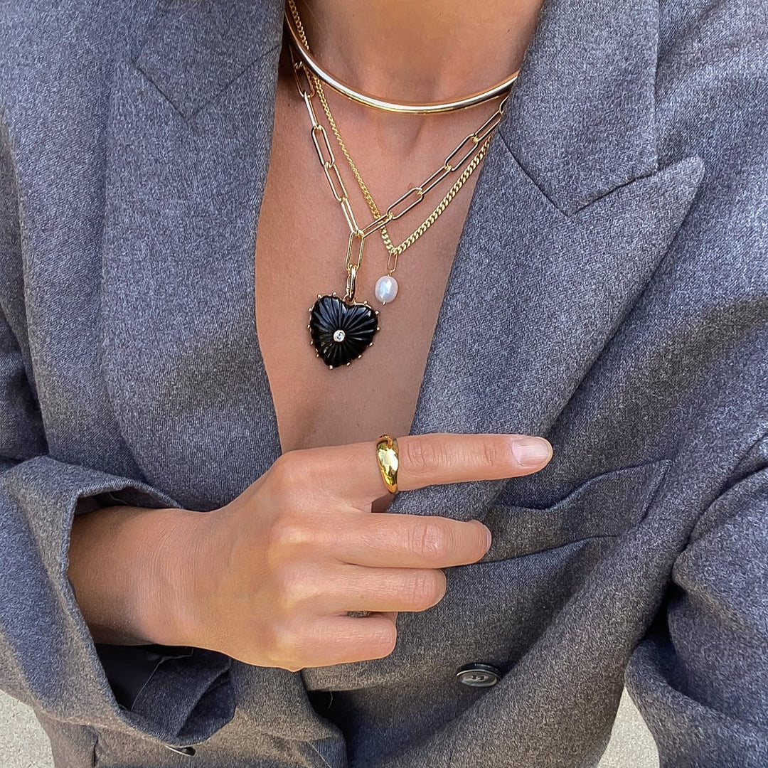 Onyx Heart Charm with CZ and Push Clip