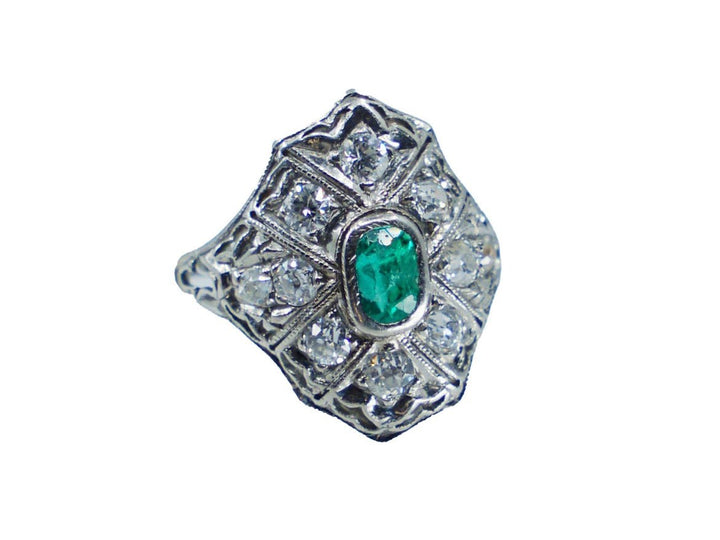 Platinum Deco Diamond and Emerald Ring