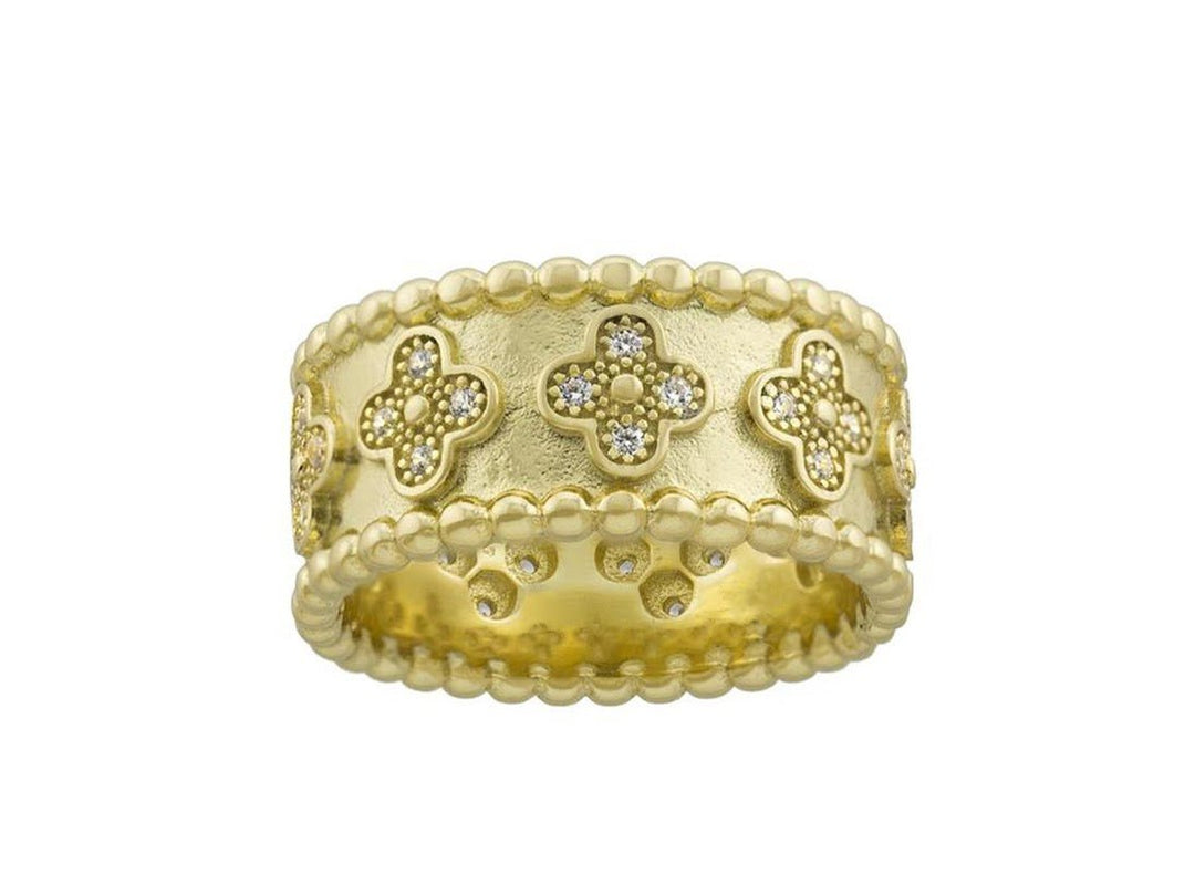 Band with CZ Clovers and Beaded Edges