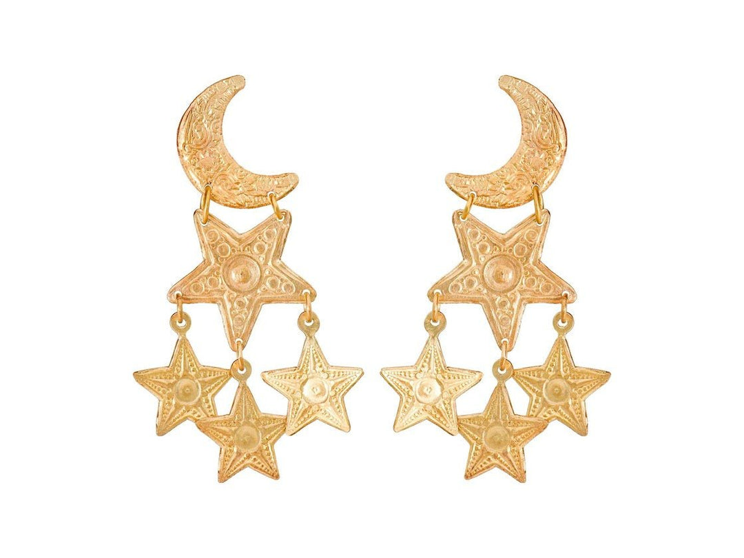 Textured Moon and Star Brass Drop Earrings