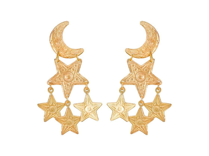 Textured Moon and Star Brass Drop Earrings