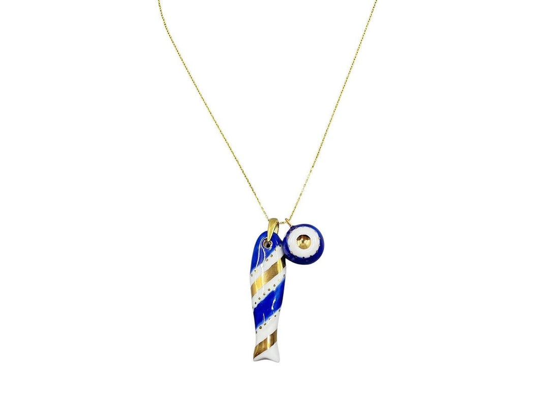 Handpainted Italian Porcelain Gold and Navy Striped Fish Charm