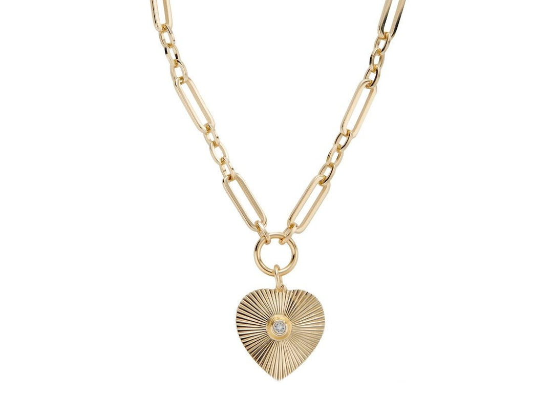 Gold Rayed Heart Pendant Necklace with Crystal