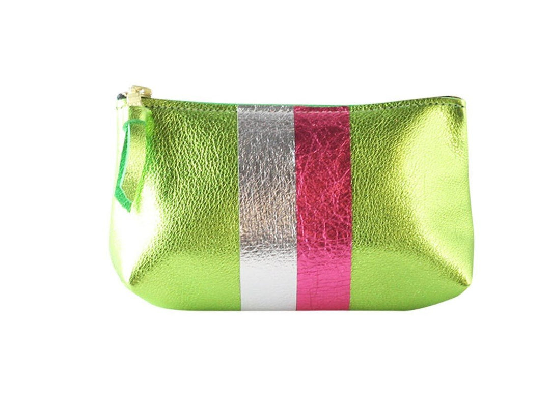 Small Lime Metallic Leather Makeup Clutch with Hot Pink and Silver Stripes