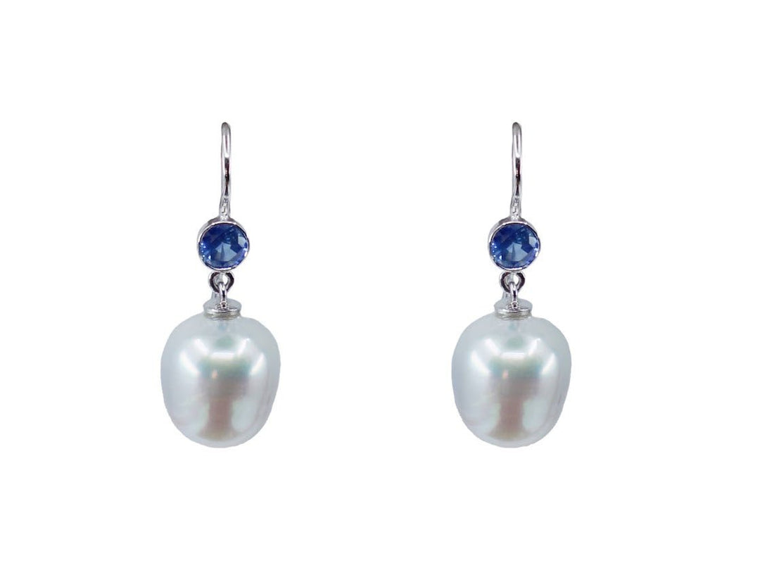 18k White Pearl Drop Earrings with Blue Sapphires