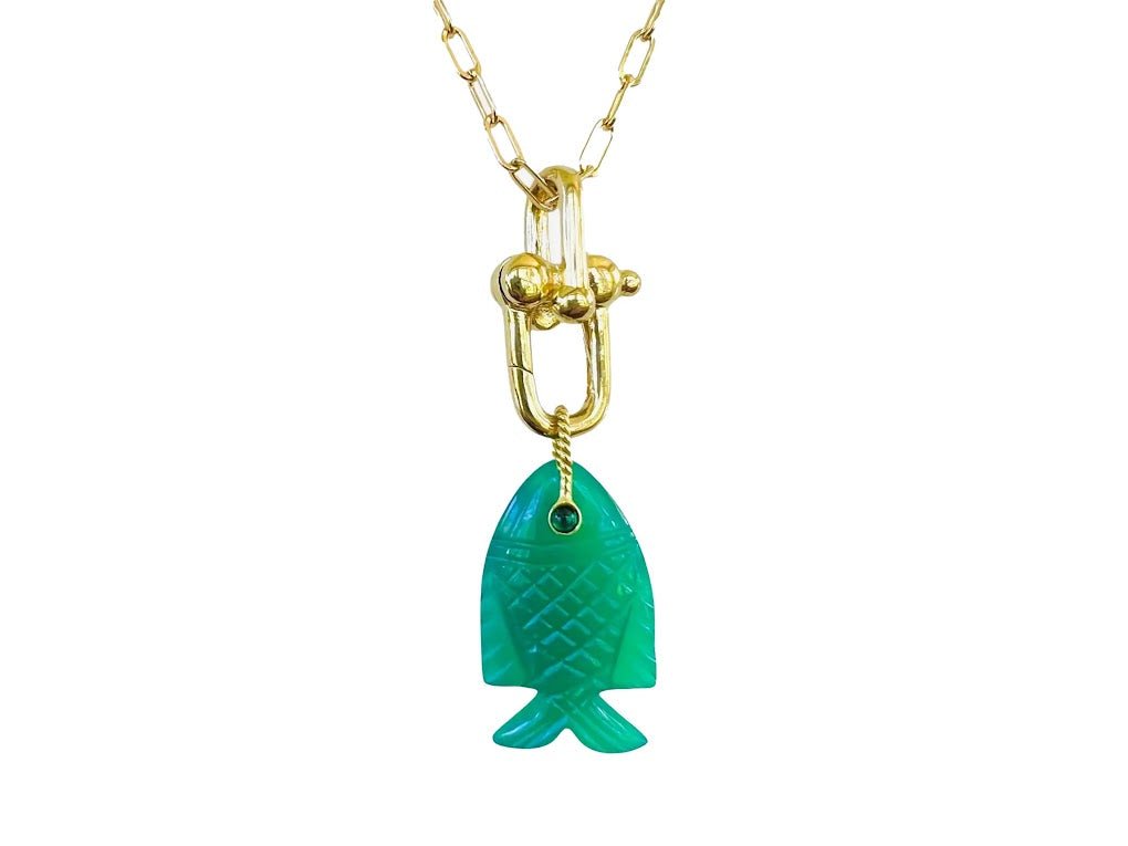 Green Carved Fish Charm Necklace