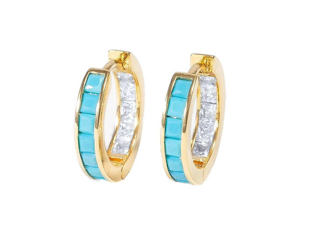 Gold Huggies with Turquoise and Clear Crystals