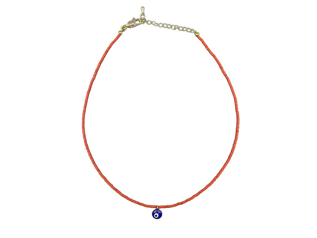 Orange Glass Bead Choker with Evil Eye