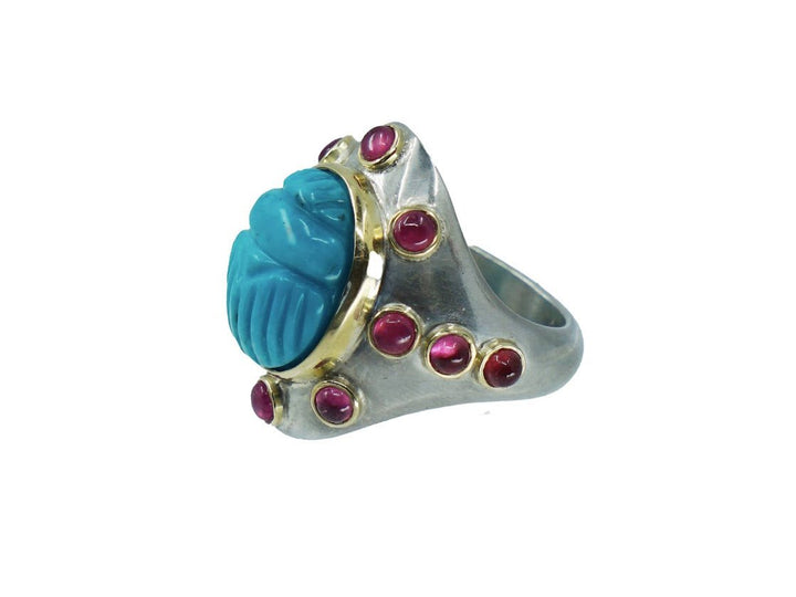 SS/10k Gold Turquoise Scarab Ring with Rubies