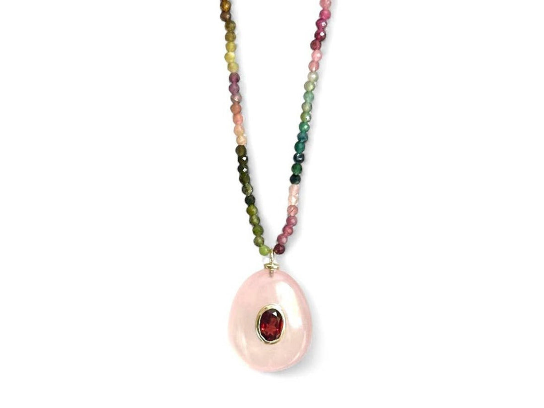 Watermelon Touramline Necklace with Rose Quartz Charm