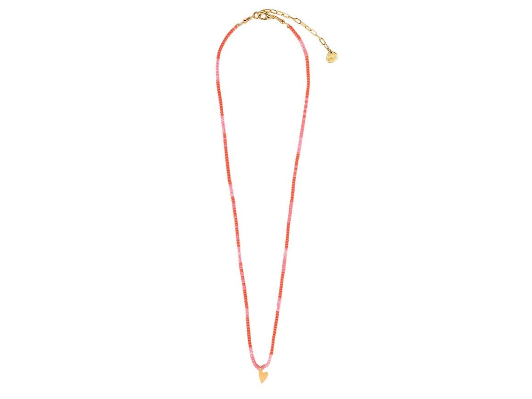 Red and Pink Beaded Necklace with Heart Charm