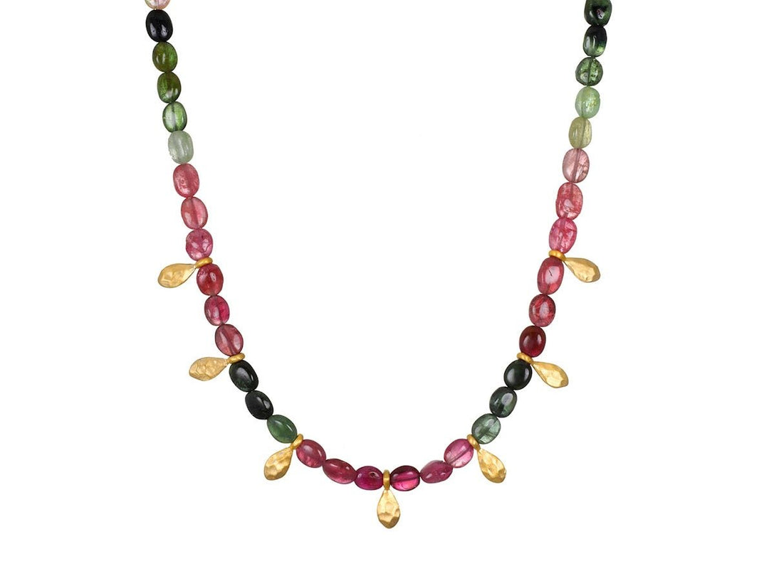 Multicolor Tourmaline Necklace with Golden Petals