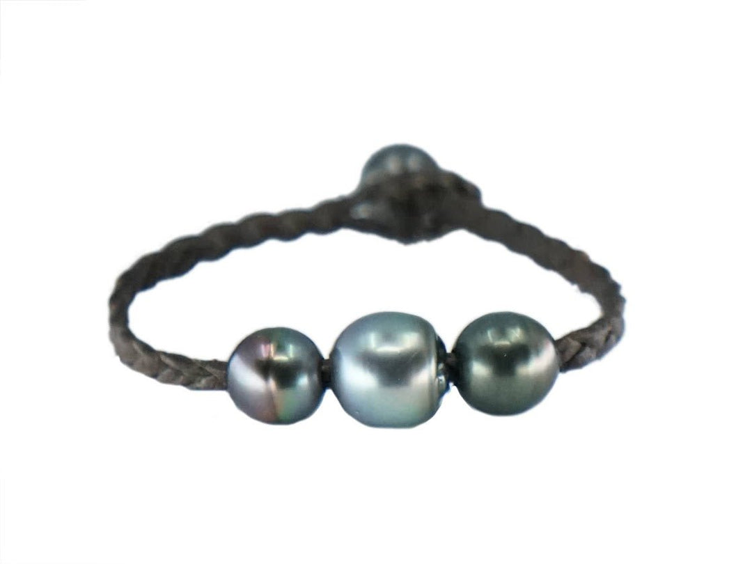 Braided Bown Leather Bracelet with 3 Gray Tahitian Pearls