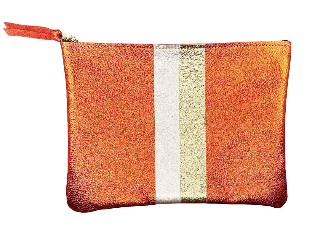Large Orange Metallic Leather Pouch with Platinum and Gold Stripes