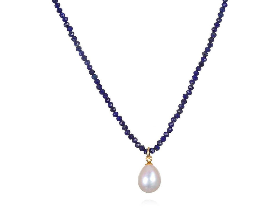 Lapis Bead Necklace with a Freshwater Pearl Drop