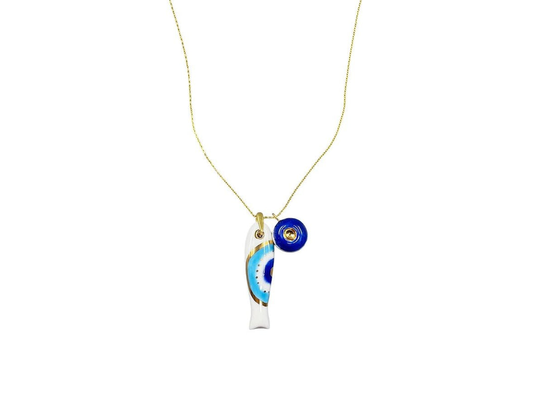 Handpainted Italian Porcelain Turquoise, Navy, and Gold Evil Eye Fish Charm