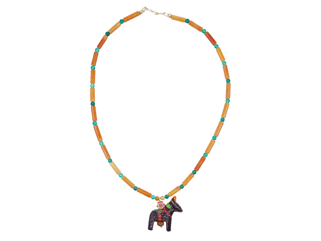 Red Aventurine and Glass Bead Necklace with Horse