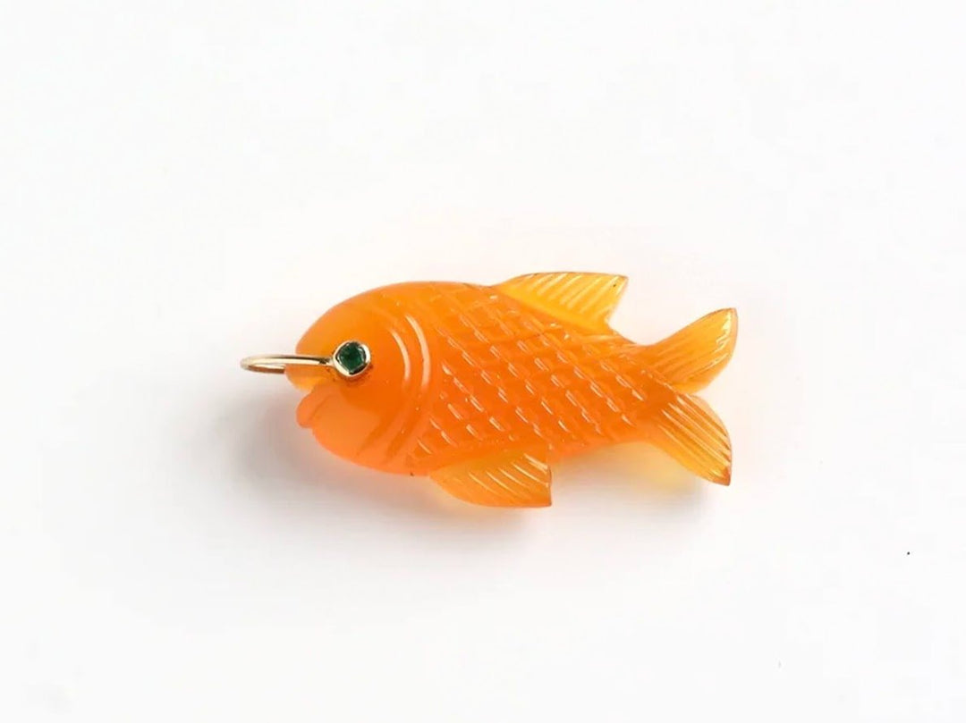 14k Handcrafted Orange Carnelian Fish Charm with Fins and Green Tourmaline Eye