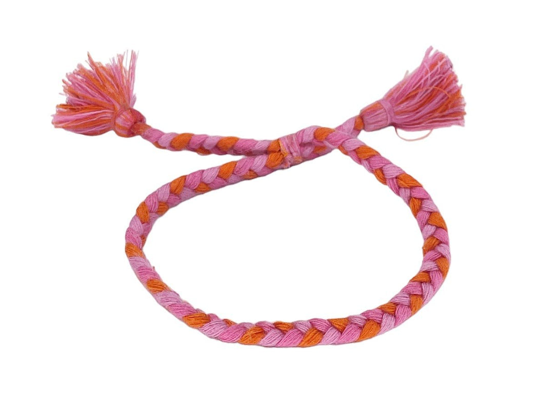 Narrow Pink and Orange Woven Bracelet with Tassels