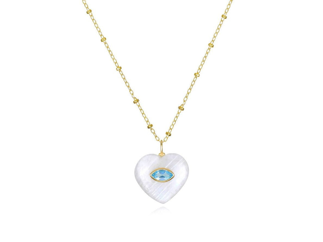 Rainbow Moonstone and Blue Topaz Heart Charm Necklace