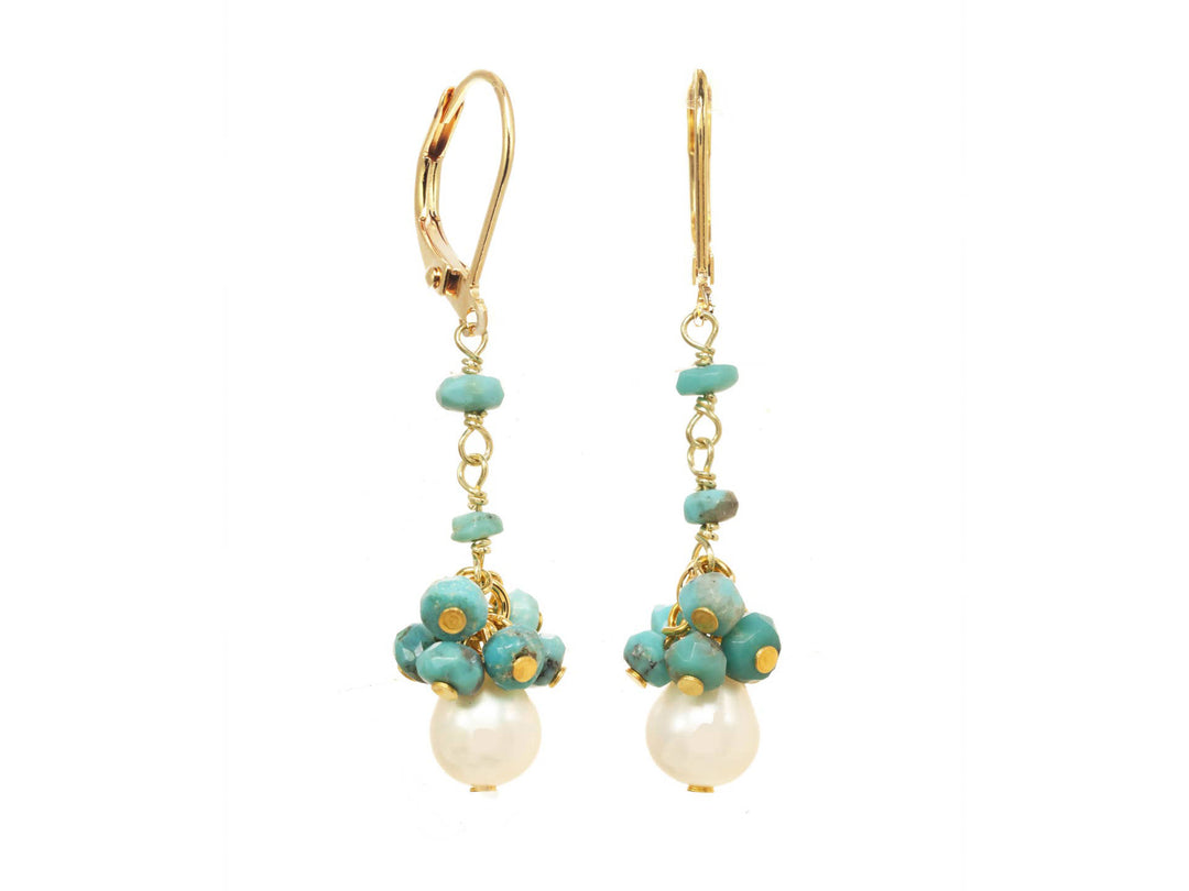Freshwater Pearl and Turquoise Bead Linear Cluster Earrings