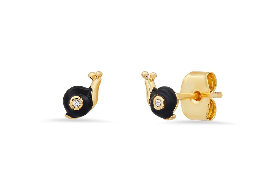 Gold Snail Studs with Black Enamel and CZs