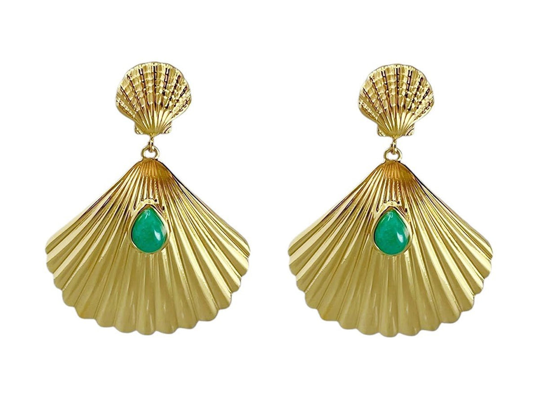 Gold Seashell Drop Earrings with Green Turquoise