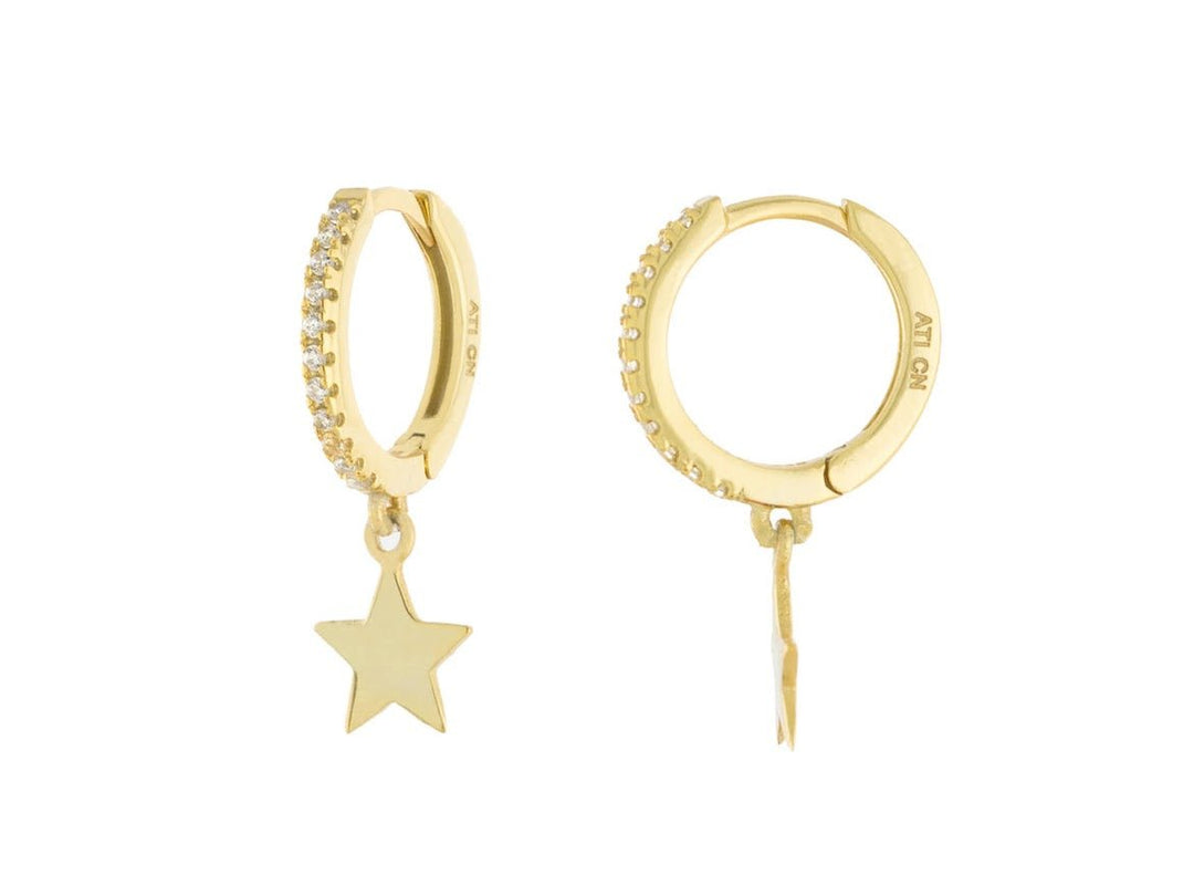 Gold Huggie Hoops with Dangling Stars and CZs