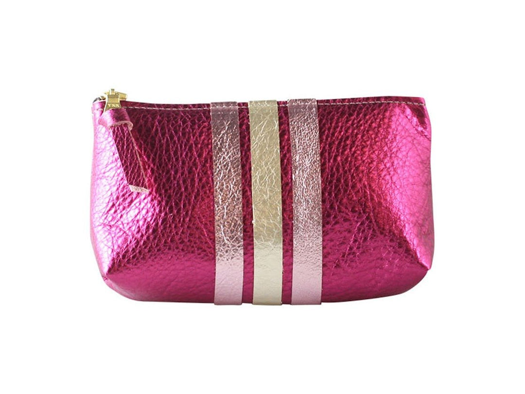 Fuschia Metallic Leather Makeup Clutch with Rose and Platinum Stripes