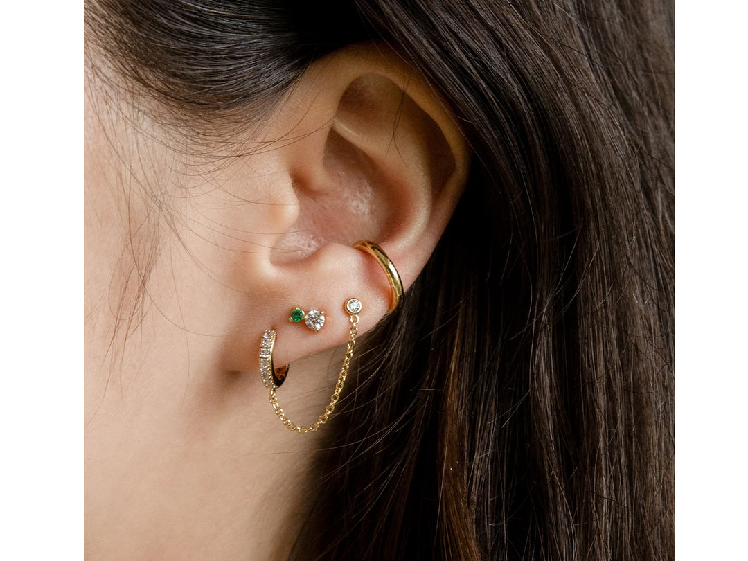 Gold Double Pierce Chain Earrings with CZs