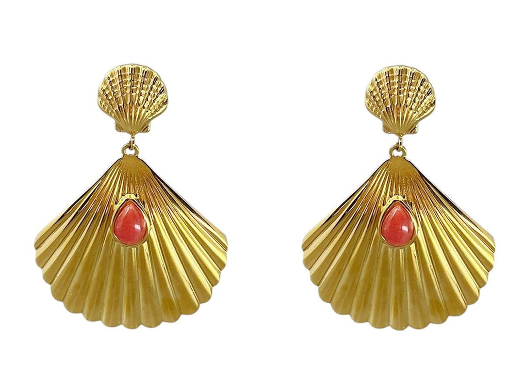 Gold Seashell Drop Earrings with Coral