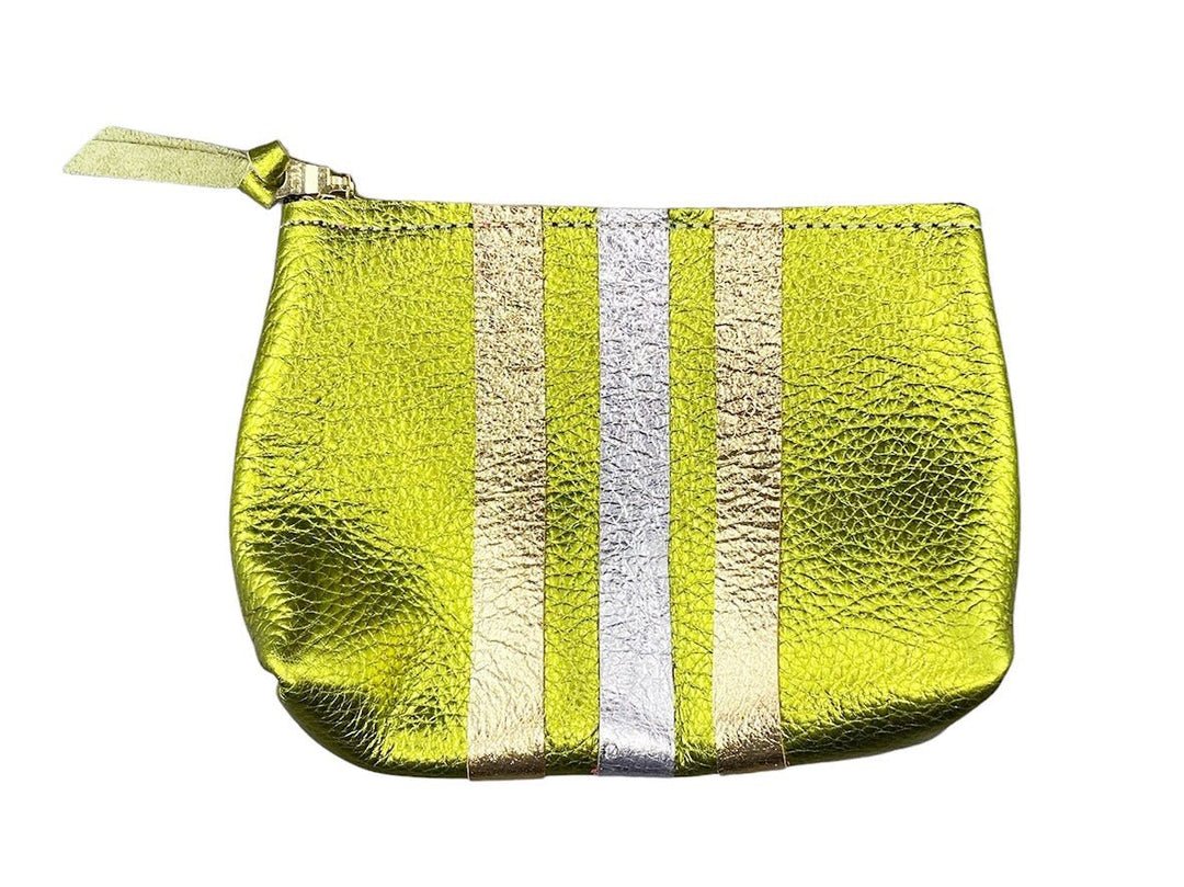 Small Lime Metallic Leather Makeup Clutch with Gold and Silver Stripes