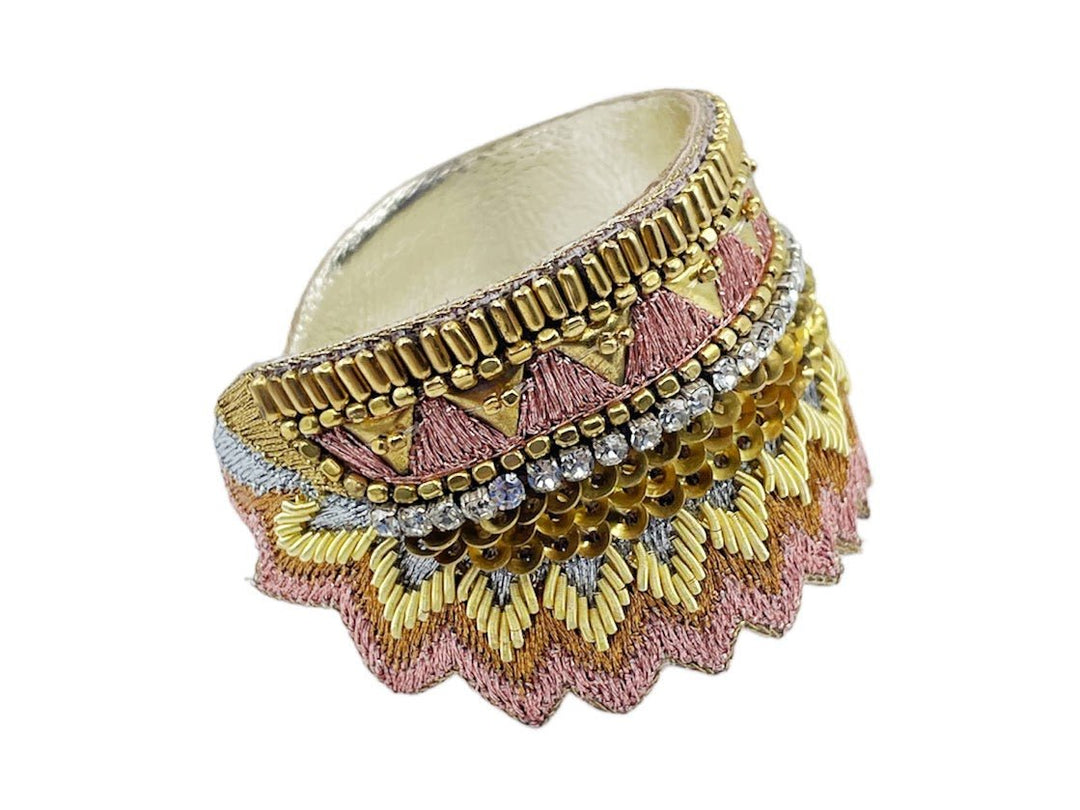 Copper, Pink, and Orange Stripes and Feathers Embroidered Cuff