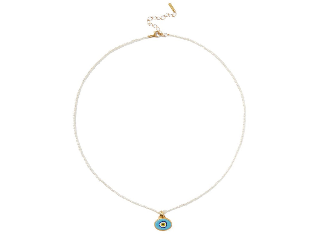 White Pearl Necklace with Turquoise Enamel Evil Eye Pendant