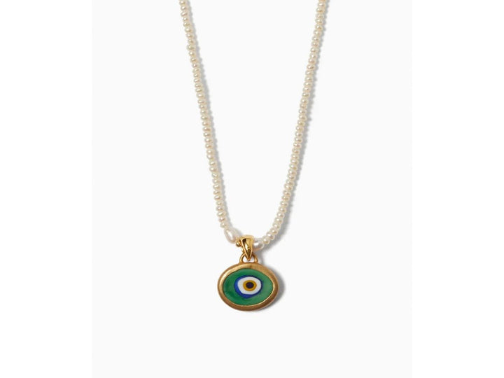 White Pearl Necklace with Evil Eye Pendant