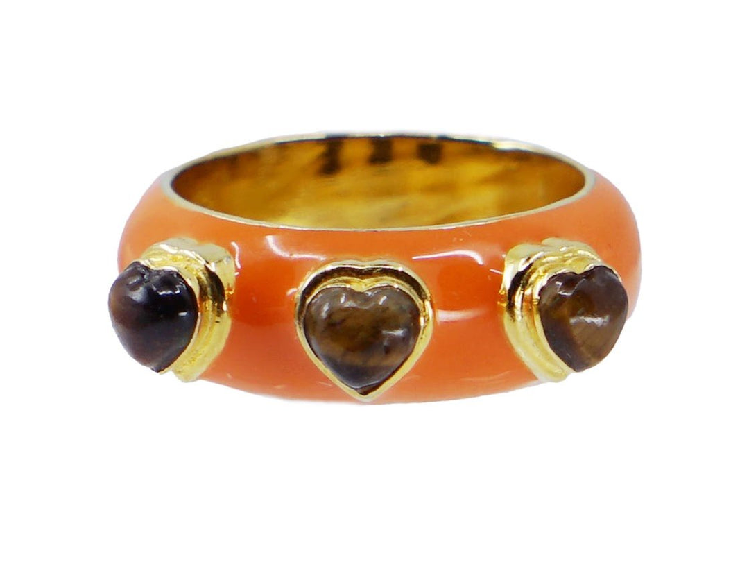 Tiger Eye and Orange Enamel Heart Ring