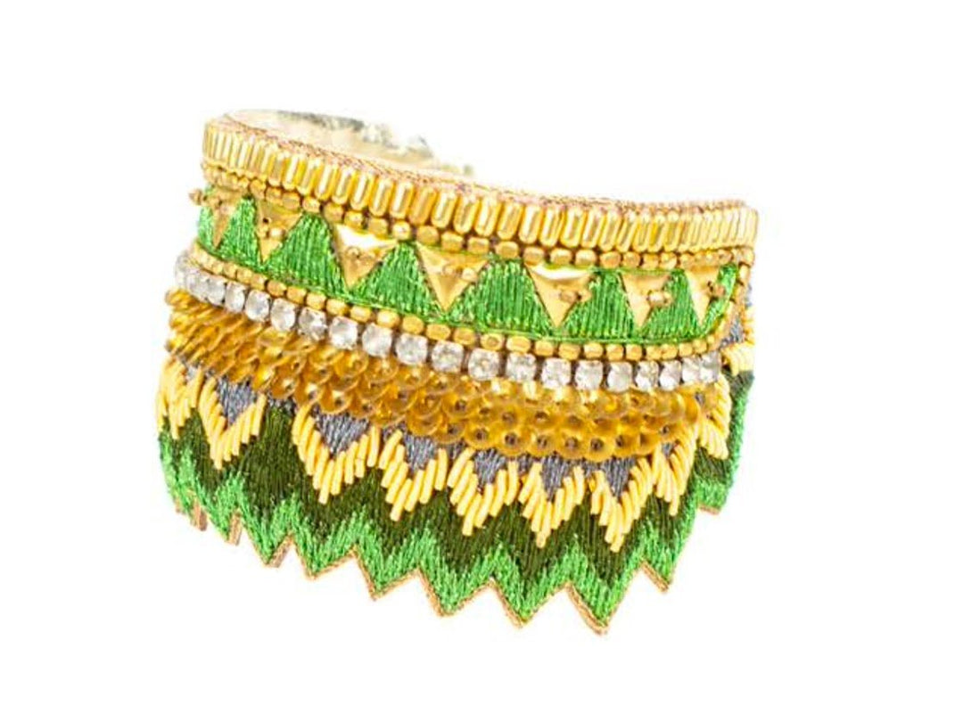 Grass Green Stripes and Feathers Embroidered Cuff