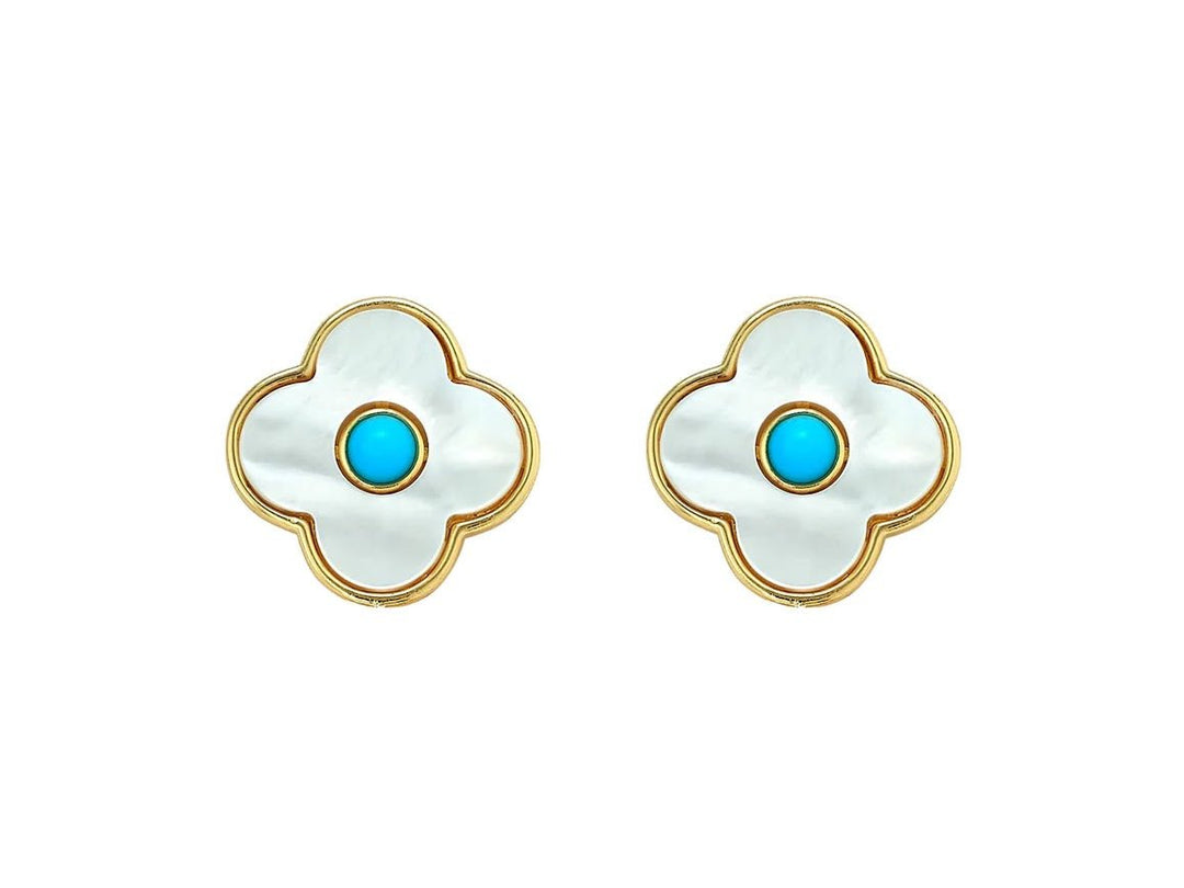 MOP Clover Stud Earrings with Turquoise