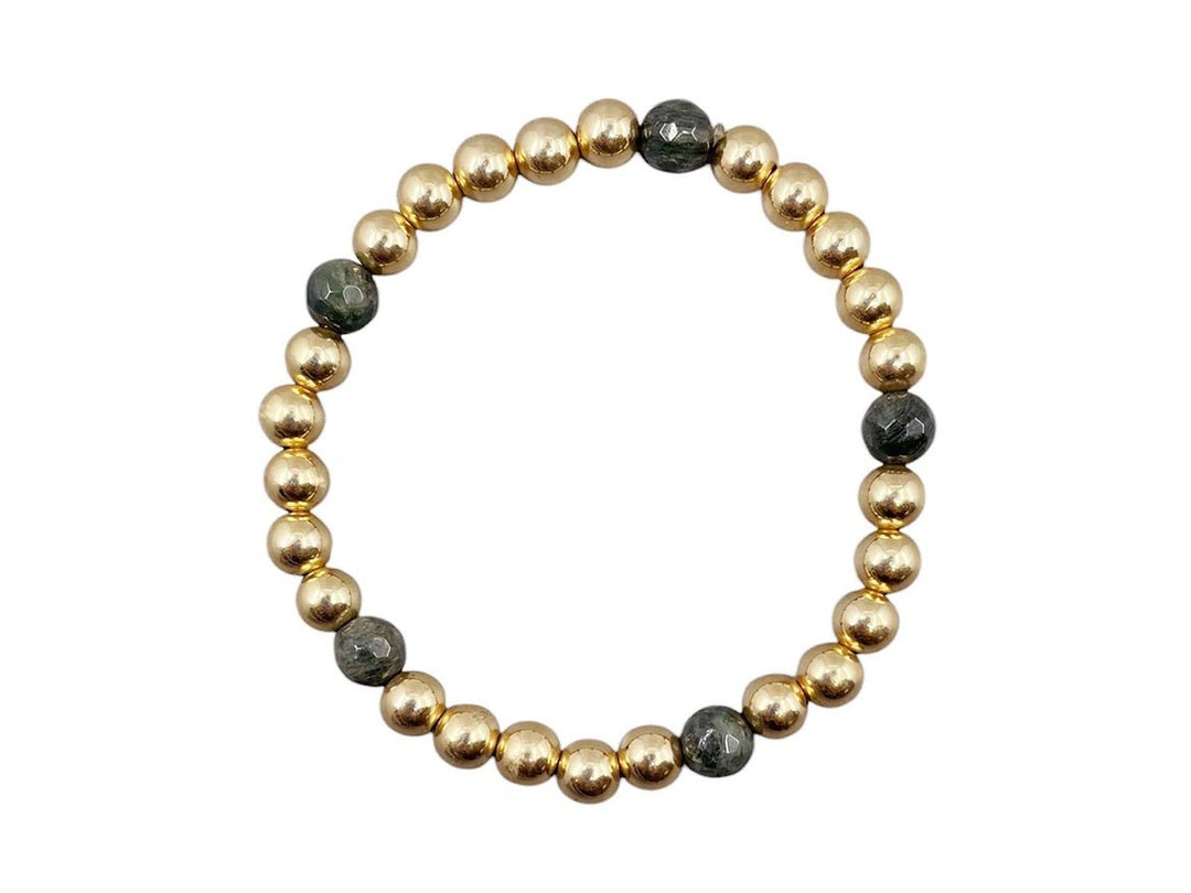 6mm Gold Bead Bracelet with 5 Dark Green Jasper Beads